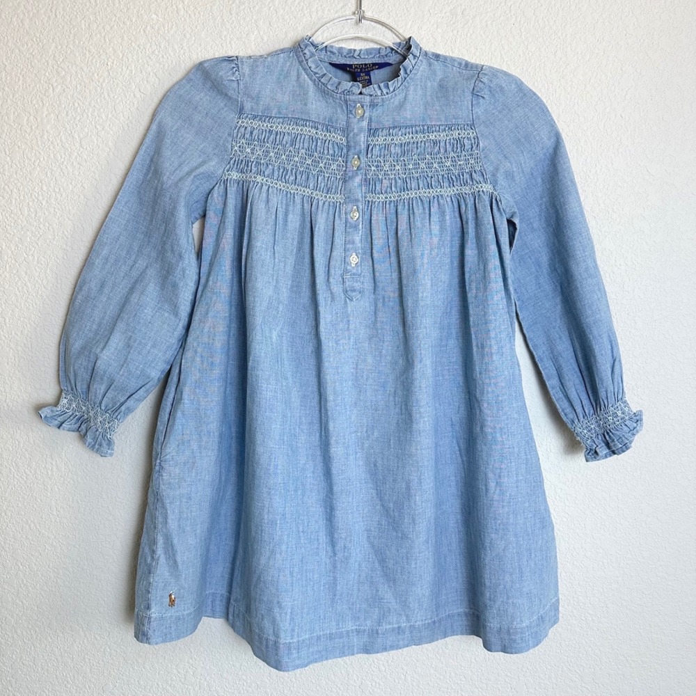 Polo Ralph Lauren Girls Blue Smocked Chambray Dress Ruffle Neck Size 6X 6 Extra